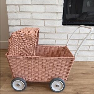 Olli Ella Rattan Charming Pink Wicker Doll Carriage/Pram